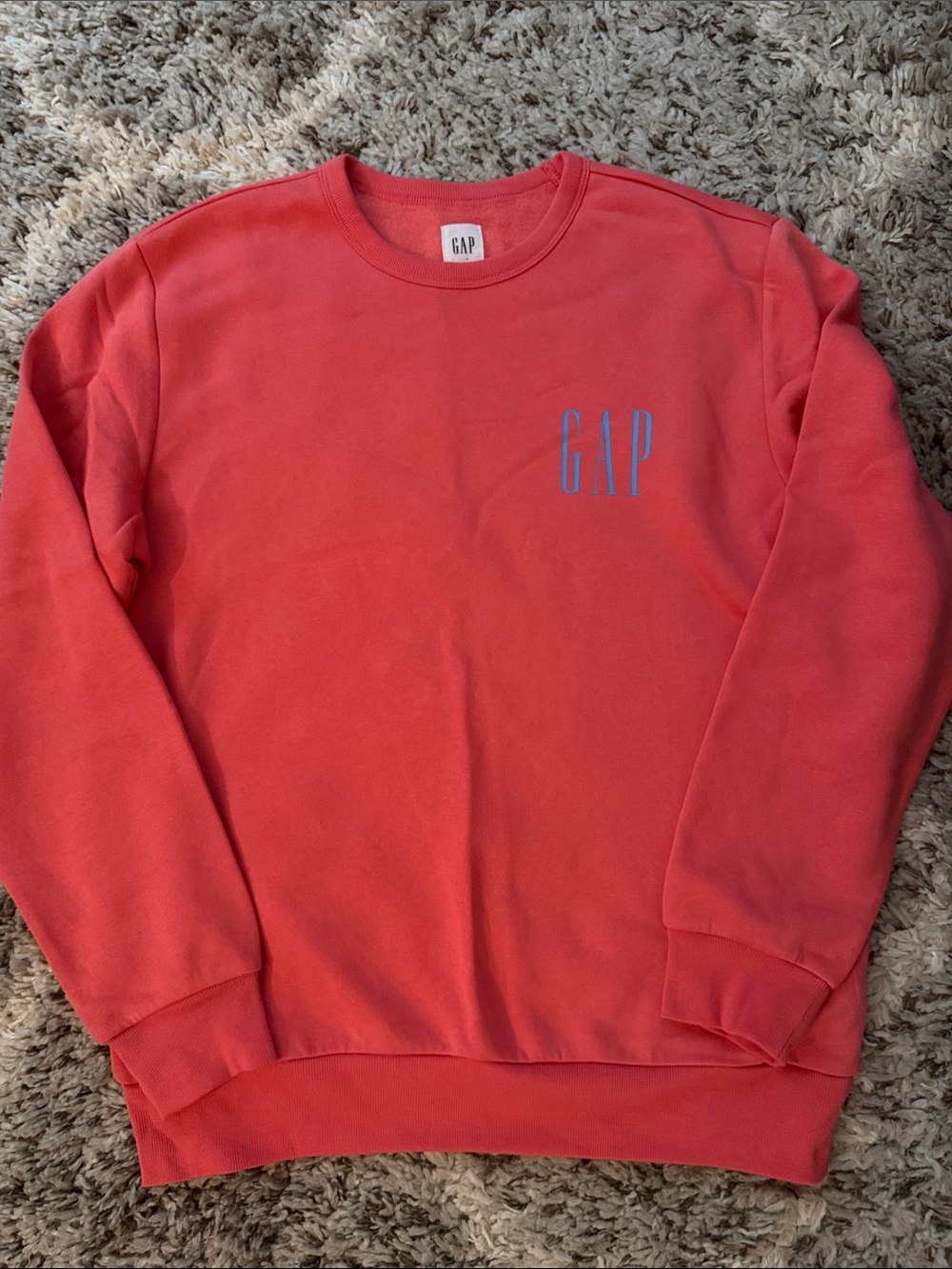 GAP Women’s Coral-Red Crewneck Sweatshirt with Blue Logo